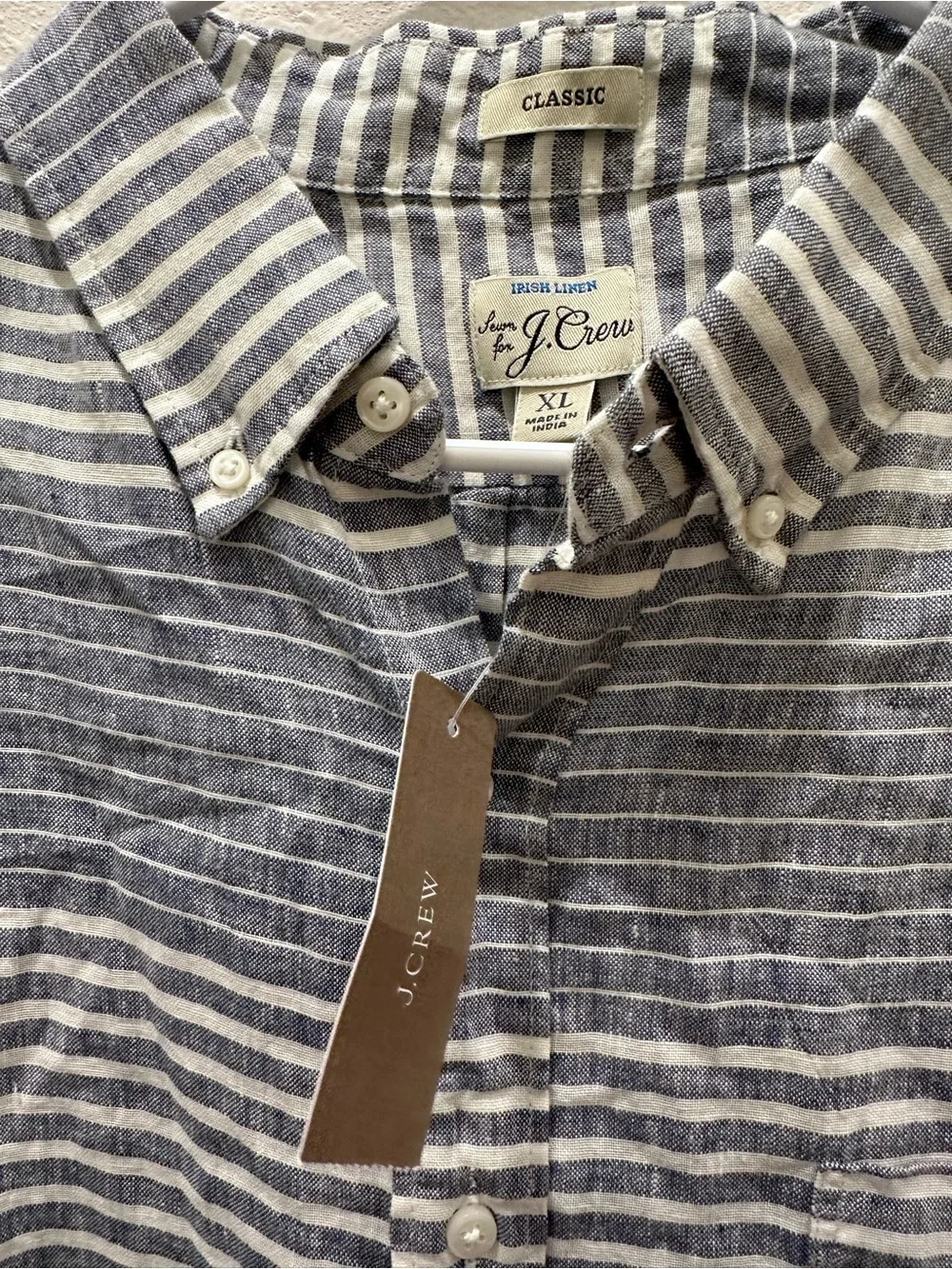 J. Crew Navy and White Striped Irish linen Short-Sleeve Button-Down‎ Shirt